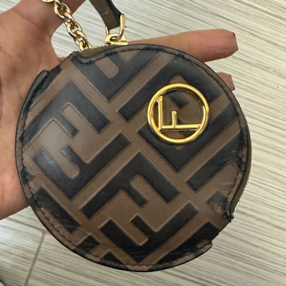 Fendi Brown and Black FF Logo Round Coin Pouch with Gold Hardware - Picture 2 of 6